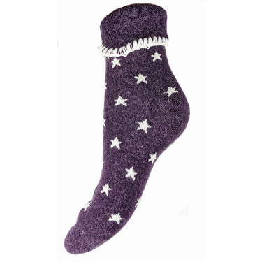 Purple cuff socks with cream stars, ladies bed socks size 4-7